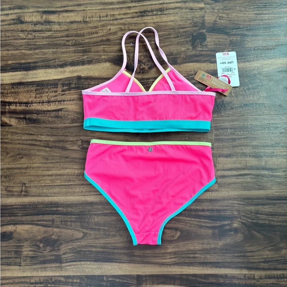 Justice Girls Pink Colorblock Ribbed Bikini with Neon Green and Teal Trim